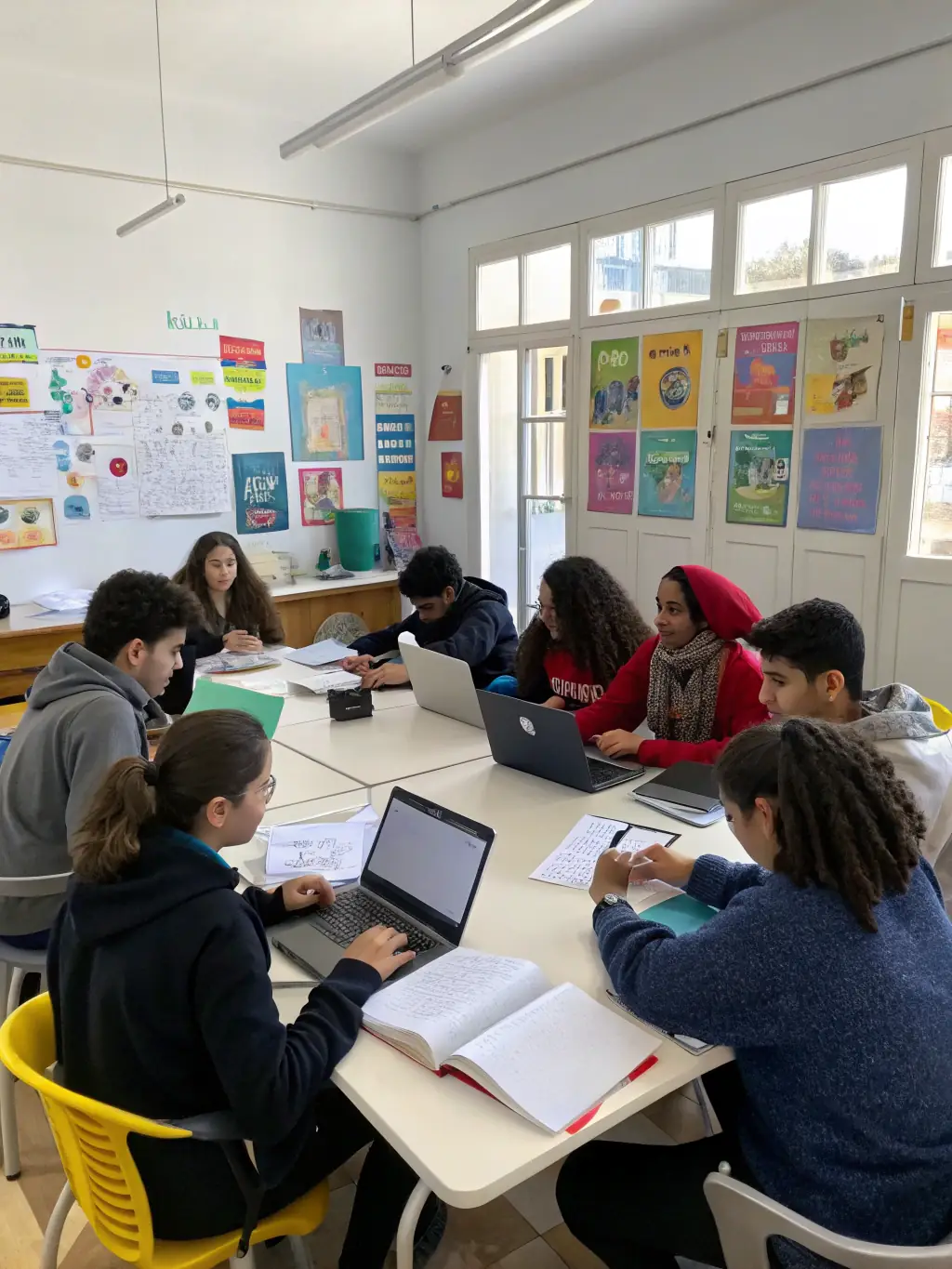 A group of young people participating in a language exchange program, laughing and interacting in a classroom setting.