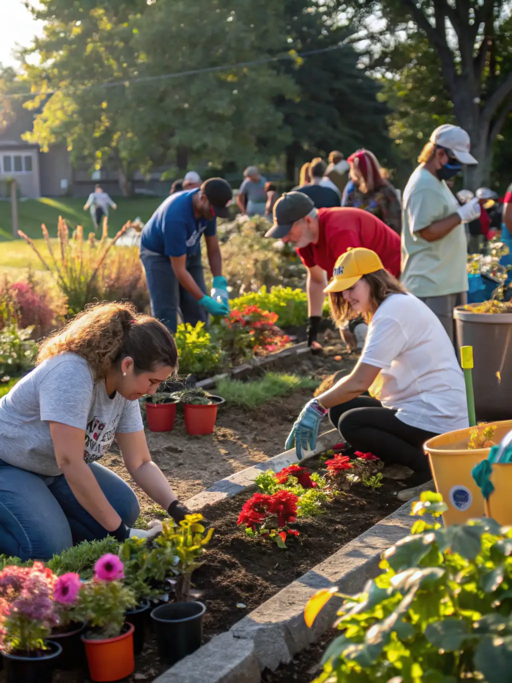 A photo of young adults volunteering at a local community garden, planting vegetables and working together.