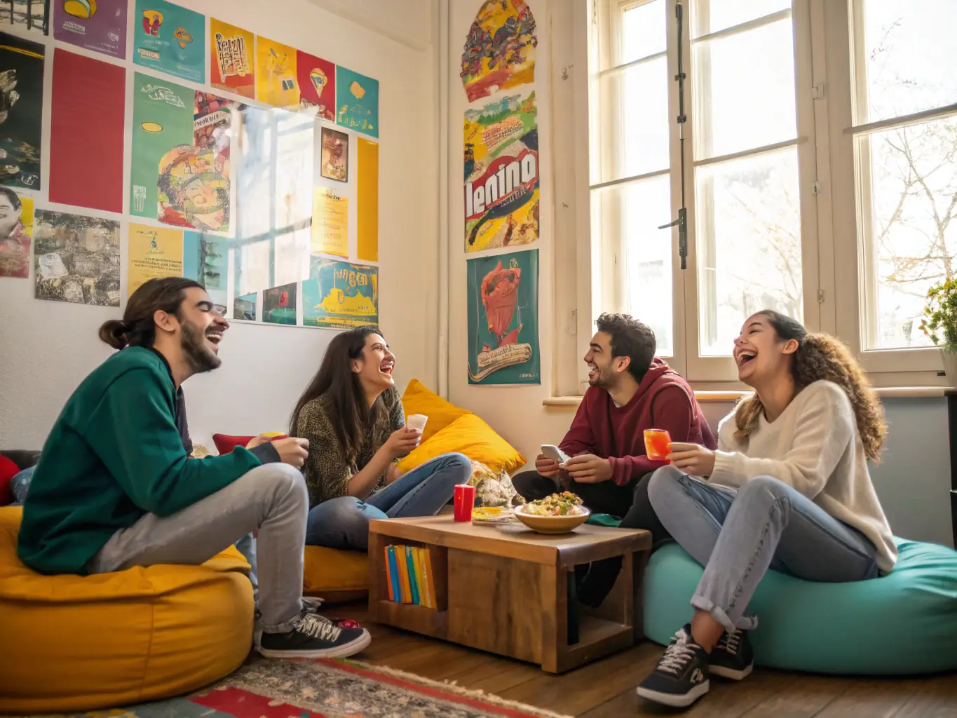 A vibrant photo of young people from diverse backgrounds participating in a cultural exchange activity at a FUAJ youth hostel, showcasing interaction and learning.
