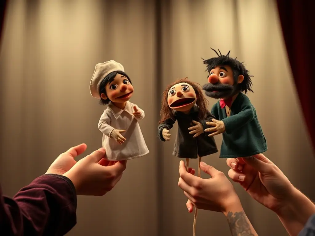 A creative shot of puppeteers manipulating intricate puppets, with a focus on the storytelling aspect and the emotional connection with the audience.