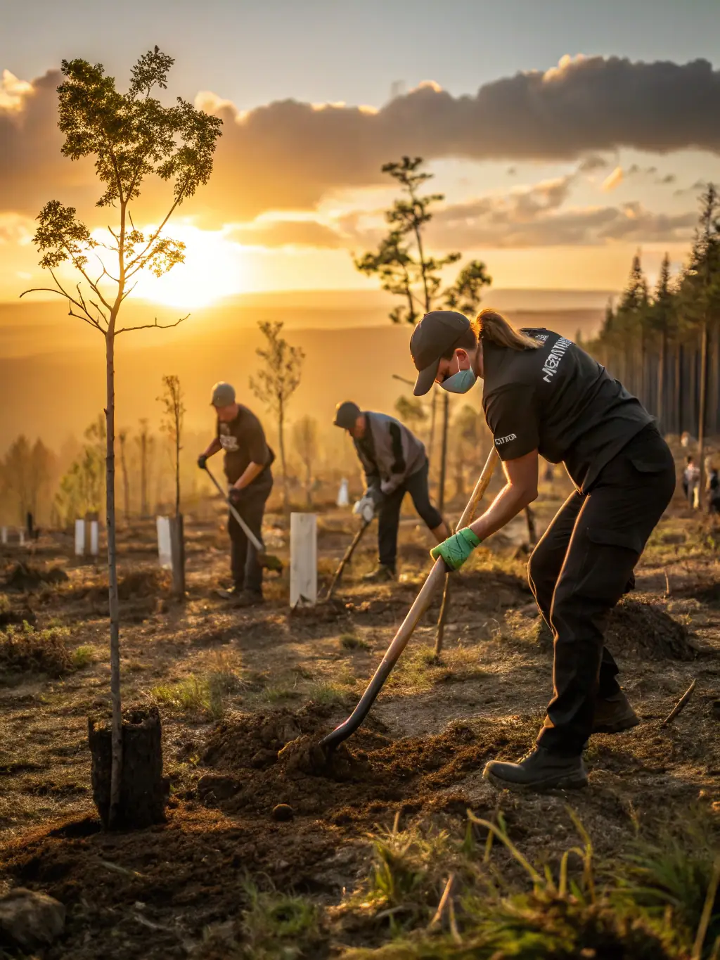 A photograph of volunteers planting native shrubs in a field, illustrating habitat restoration efforts for partridge conservation.