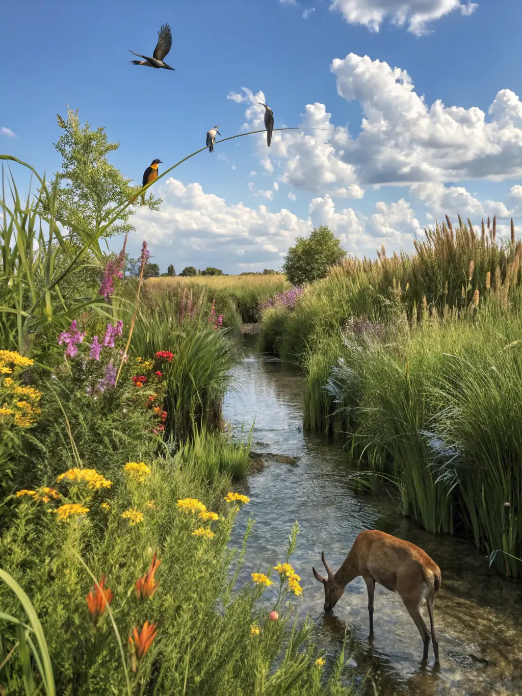A photograph of a diverse ecosystem flourishing due to the organization's conservation efforts, showcasing the broader ecological benefits.
