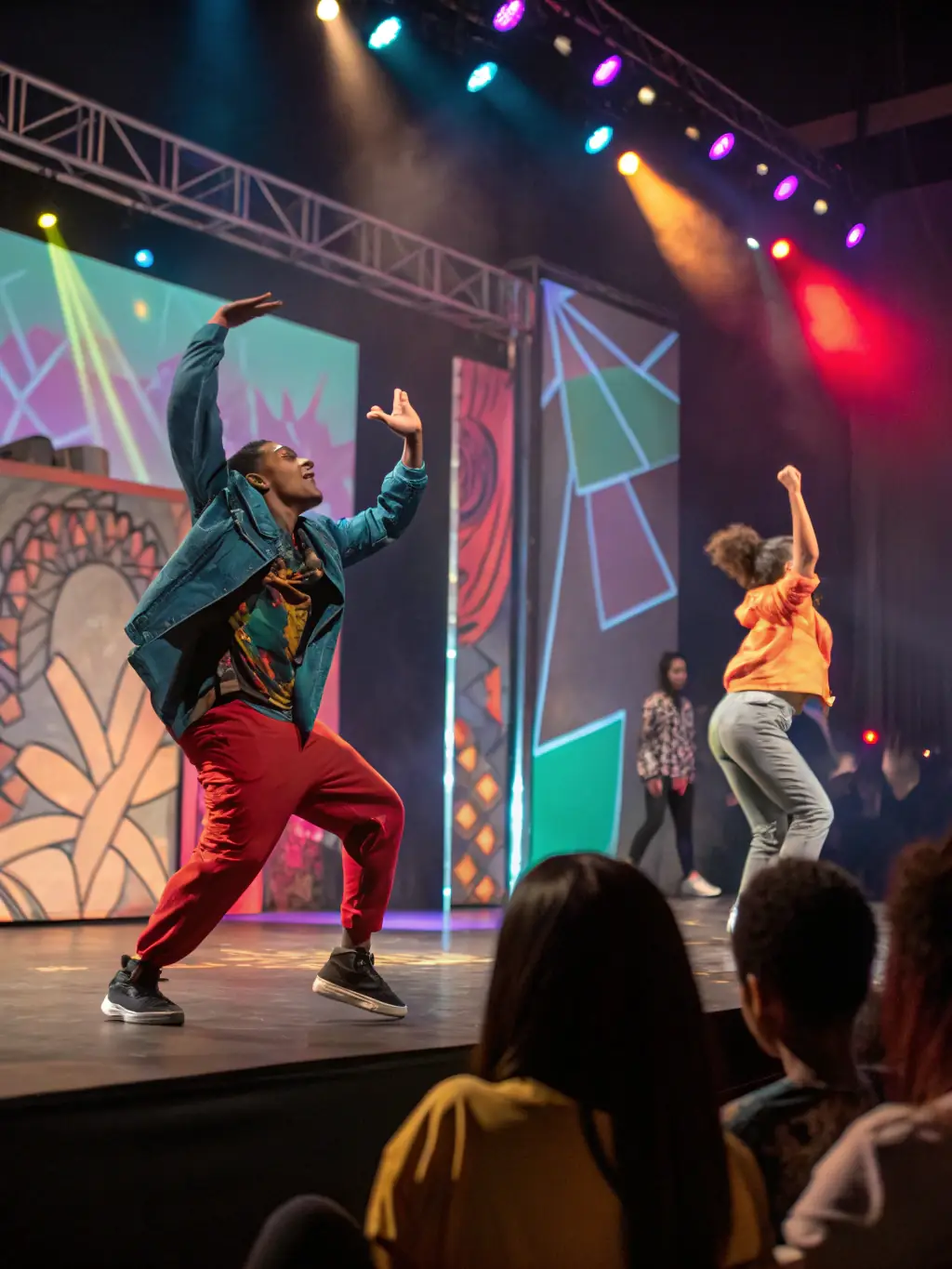A vibrant photograph capturing a scene from a past multidisciplinary performance by La Compagnie Formidable, showcasing a blend of dance, circus, and video projection, with engaged audience members in the background.