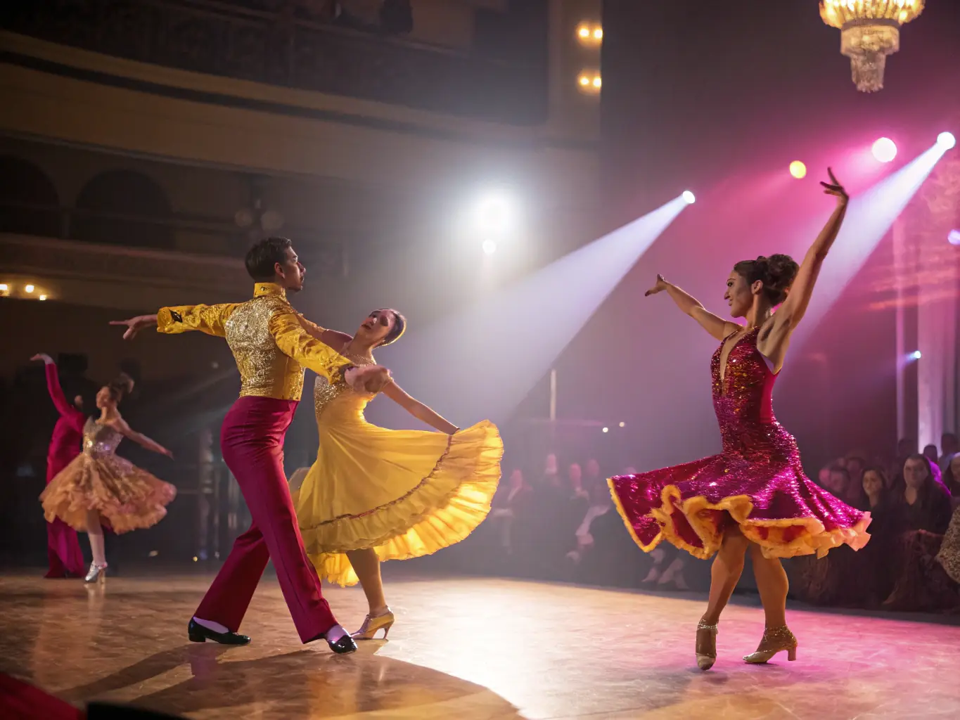 A dynamic stage scene featuring dancers interacting with large-scale puppets, with vibrant video projections in the background, capturing the essence of Compagnie Formidable's multidisciplinary approach.