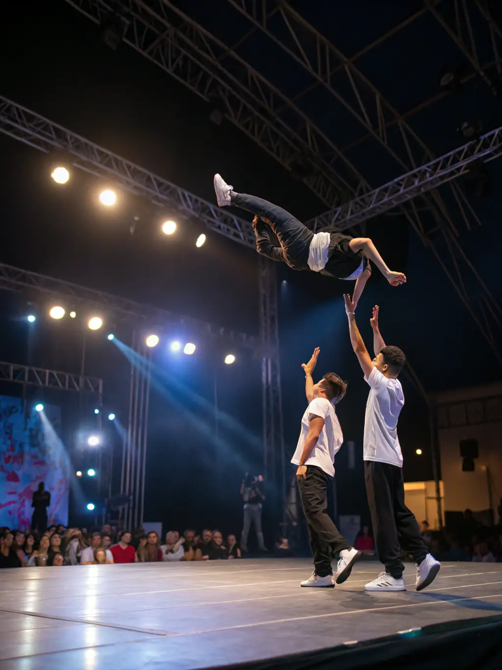 A dynamic shot of a circus act, showcasing the performers' skill and the excitement of the audience.