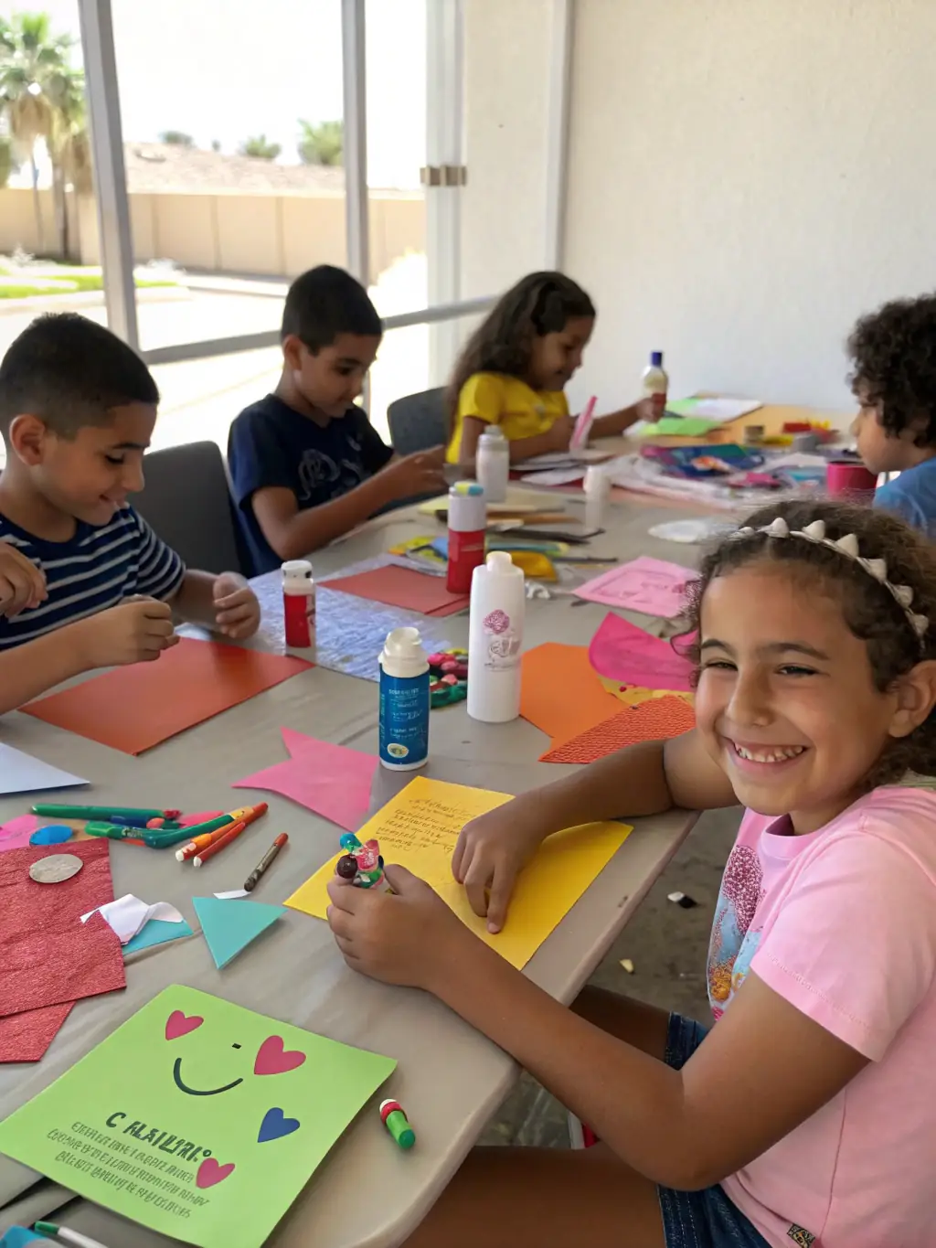 A captivating image of a puppetry workshop led by La Compagnie Formidable, with children actively participating and creating their own puppets, set in a brightly lit community center.