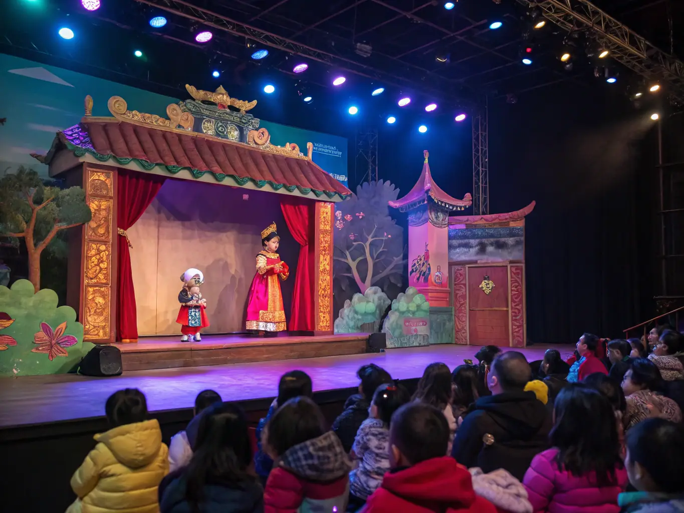 A close-up shot of intricately designed puppets being manipulated by skilled puppeteers, showcasing the artistry and storytelling potential of puppetry in Compagnie Formidable's shows.