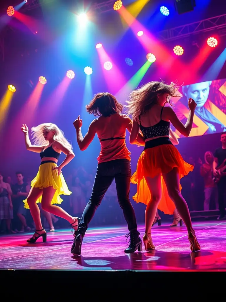 A vibrant photograph capturing a dance performance during a festival, showcasing the energy and artistry of the dancers.