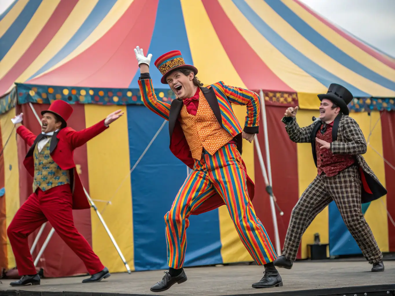 A captivating image of a circus act, featuring acrobats performing daring feats with colorful costumes and dramatic lighting.