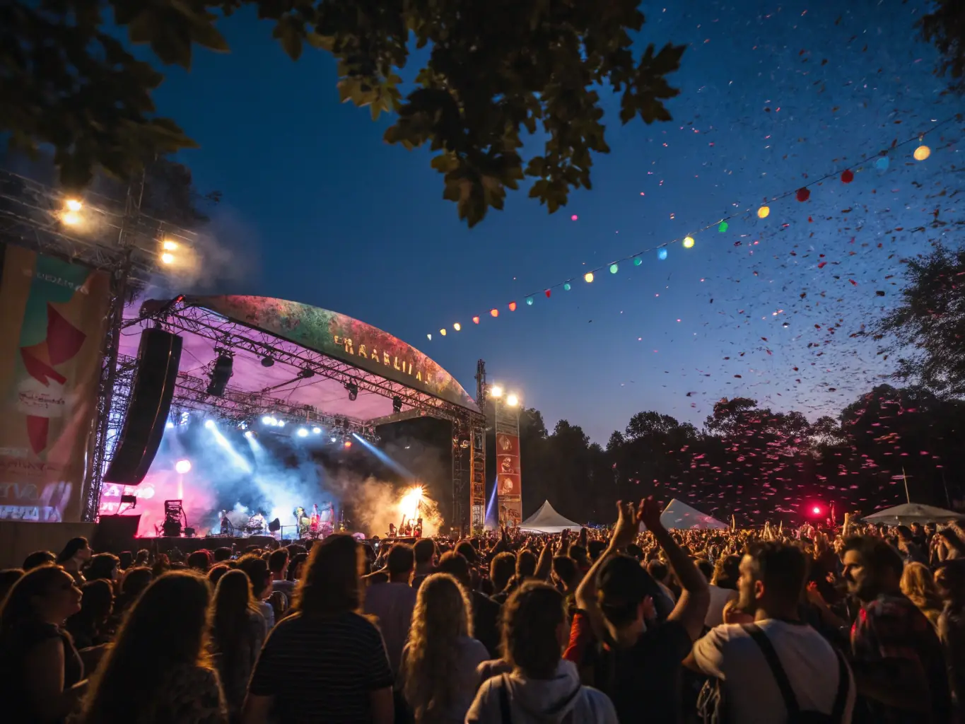 A vibrant outdoor festival scene with a stage set for a Compagnie Formidable performance, showcasing a blend of dance and puppetry under colorful lighting.