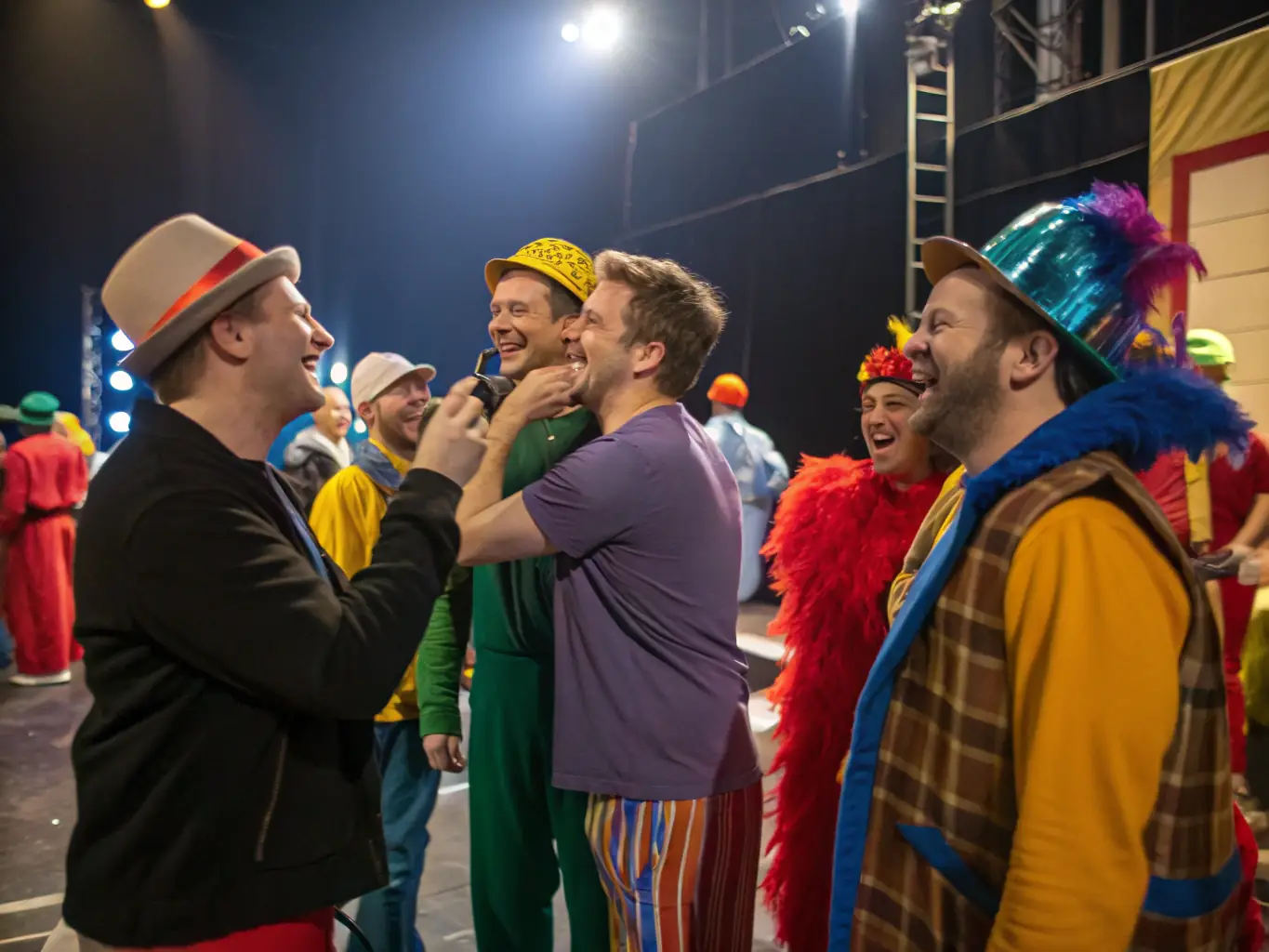 A behind-the-scenes image of Compagnie Formidable preparing for a cultural event, highlighting the collaborative effort of artists from various disciplines.