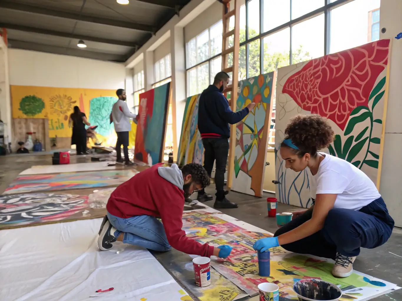 A vibrant image depicting participants engaged in a collaborative art project, showcasing the inclusive and creative environment of A CORDA's workshops.